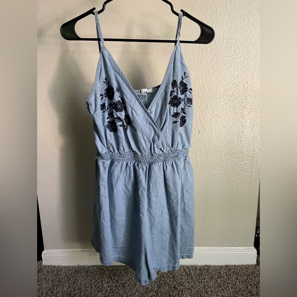 Love Tree Light Blue Romper with Navy Floral Embroidery